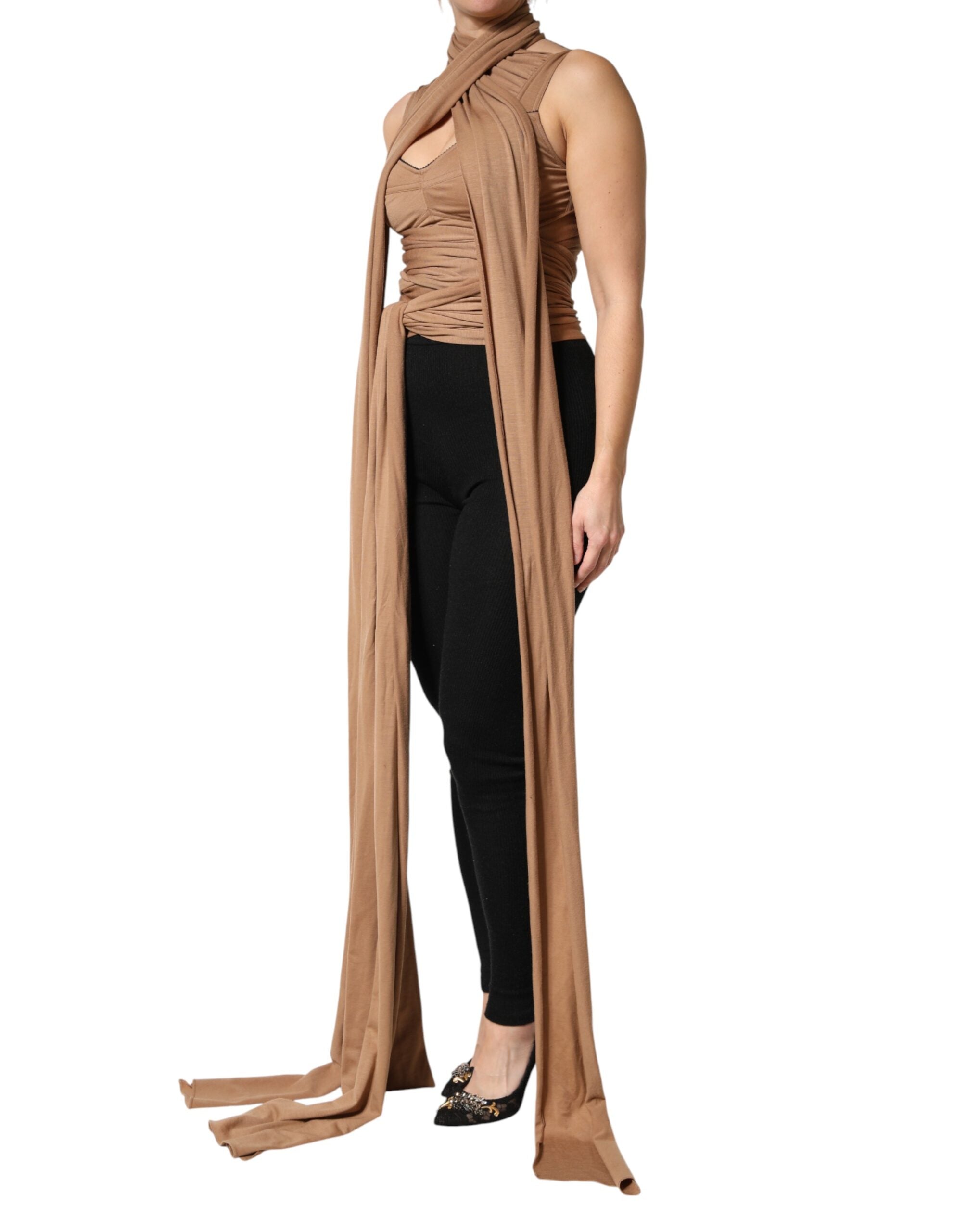 Débardeur sans manches en laine vierge marron de Dolce & Gabbana, avec foulard intégré, vue de face.