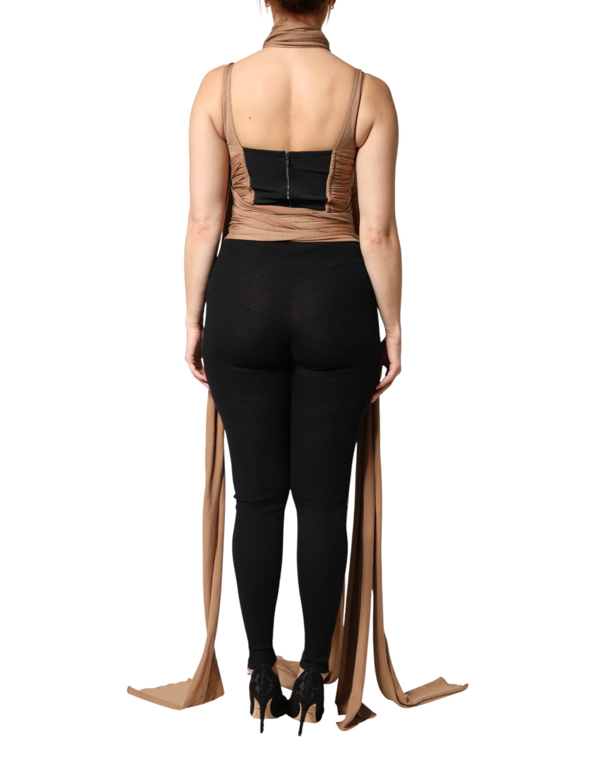 Top sans manches en laine vierge marron de Dolce & Gabbana, style écharpe sans manches, parfait pour un look élégant.