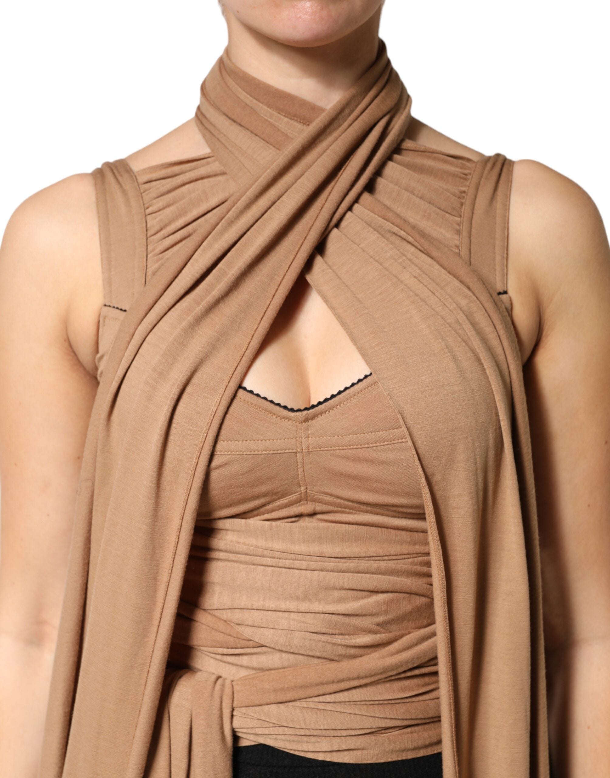 Débardeur sans manches en laine vierge marron de Dolce & Gabbana, écharpe intégrée, style élégant et sophistiqué pour femme.