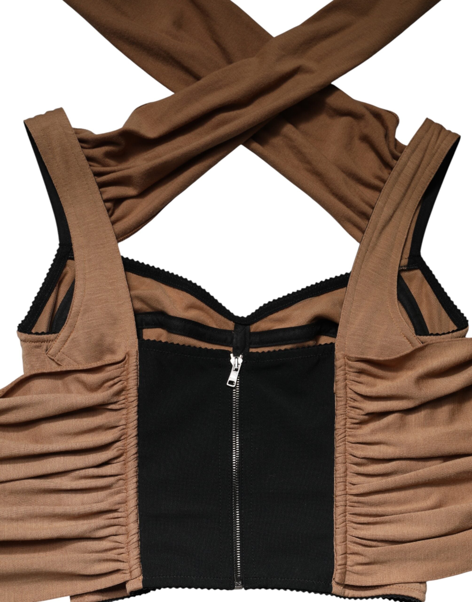 Débardeur sans manches en laine vierge marron de Dolce & Gabbana avec un design de foulard, vue de face.