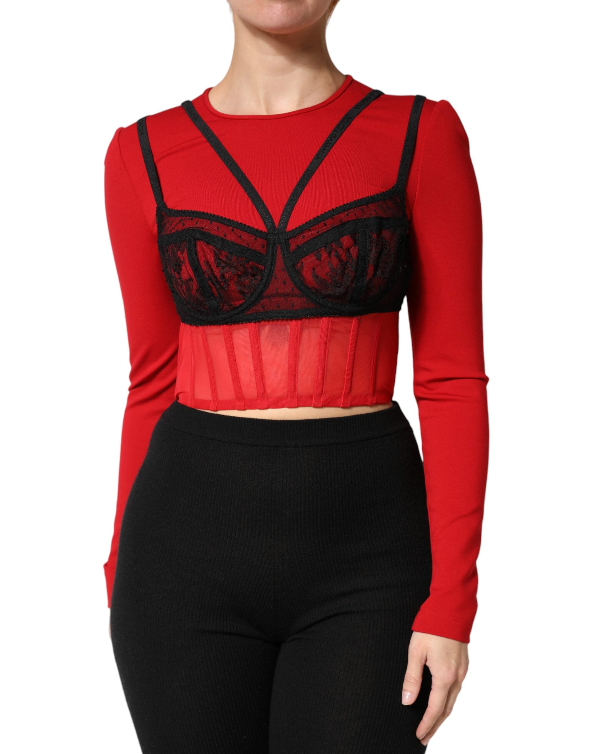 Brassière crop top en nylon rouge et noir de Dolce & Gabbana, style bralette, ajustée et élégante.