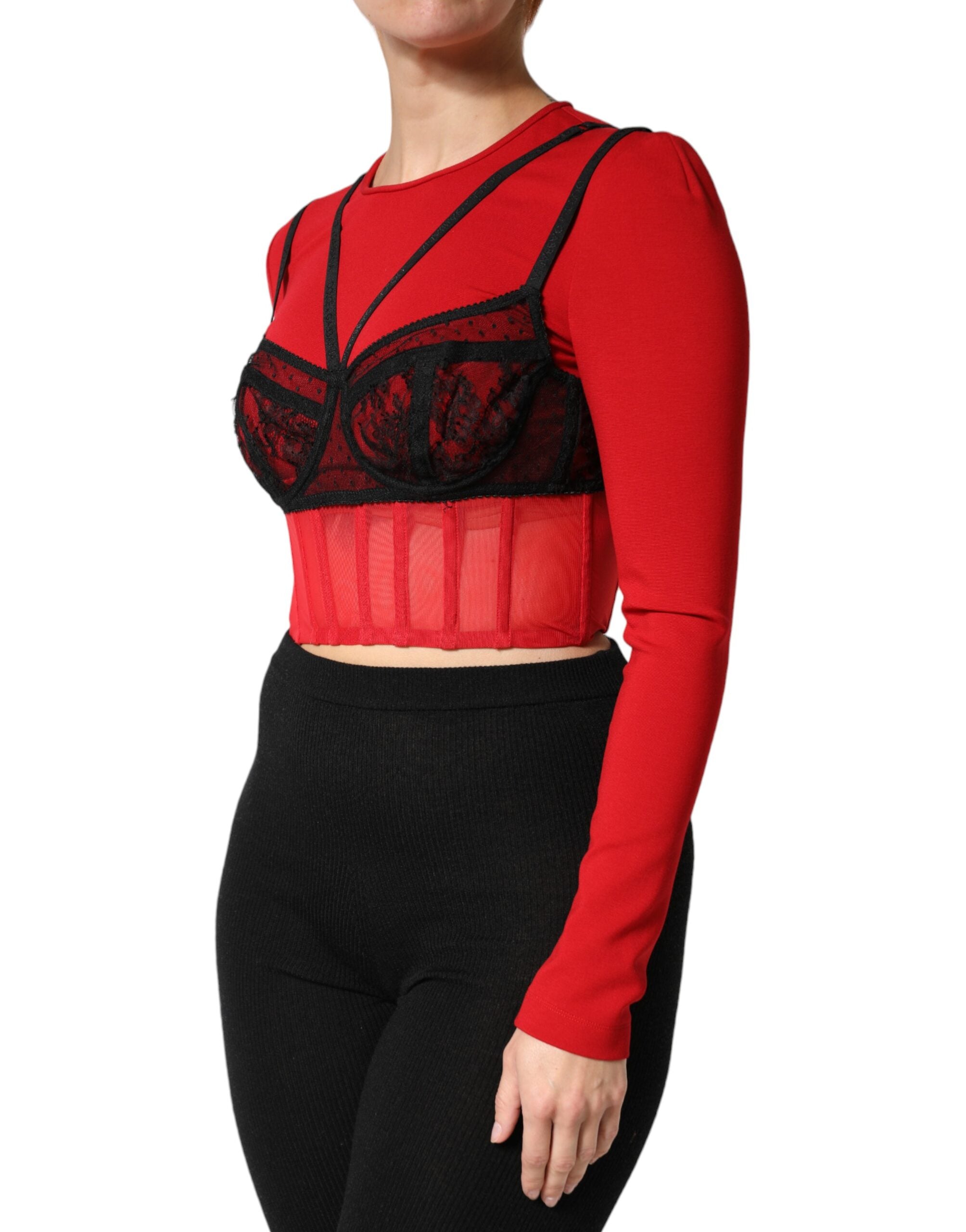Brassière crop top en nylon noir et rouge de Dolce & Gabbana, style bralette, avec détails élégants et coupe ajustée.