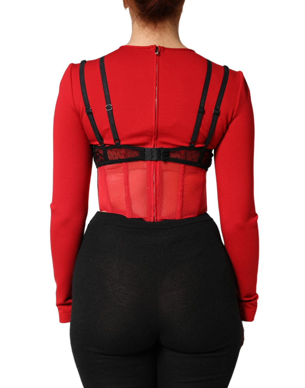 Haut court en nylon rouge et noir de style bralette de Dolce & Gabbana, avec détail élégant et coupe ajustée.