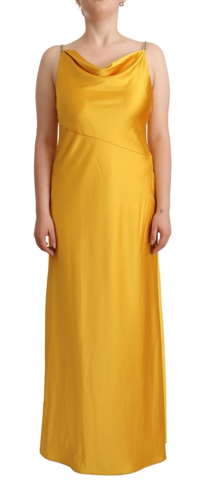 Robe longue Ralph Lauren jaune, sans manches, coupe fourreau, pour femme, élégante et sophistiquée.