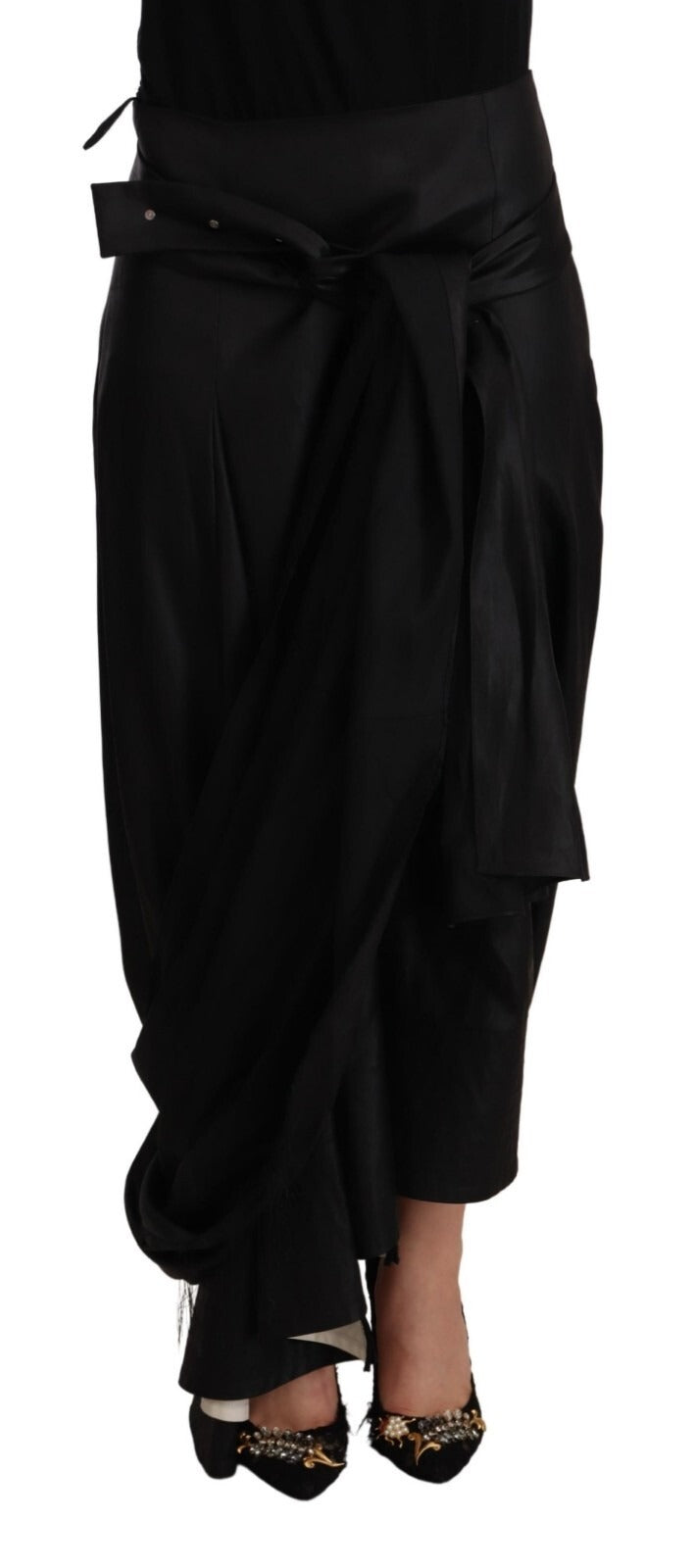 Jupe asymétrique à taille haute en acétate noire de style wrap de la marque Celine.