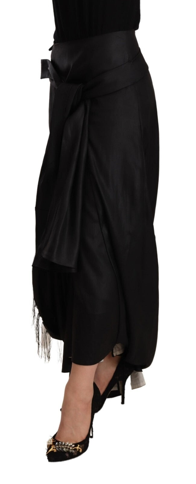 jupe asymétrique noire en acétate de style portefeuille Celine, taille haute, vue de face