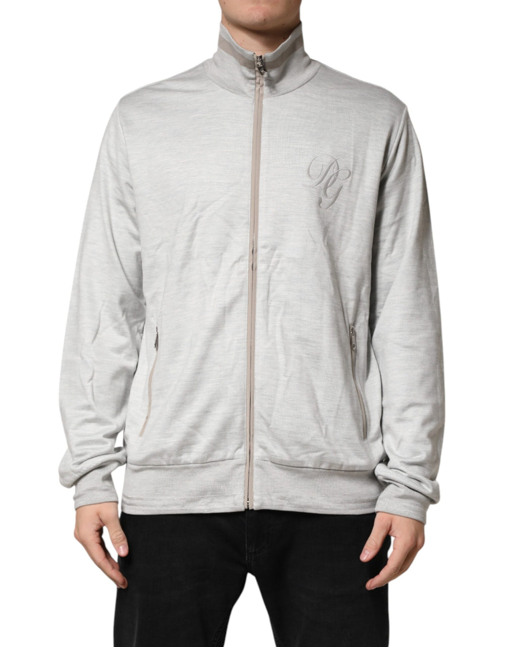 Cardigan zippé en coton gris clair de Dolce & Gabbana, vue de face avec fermeture éclair et col rond.