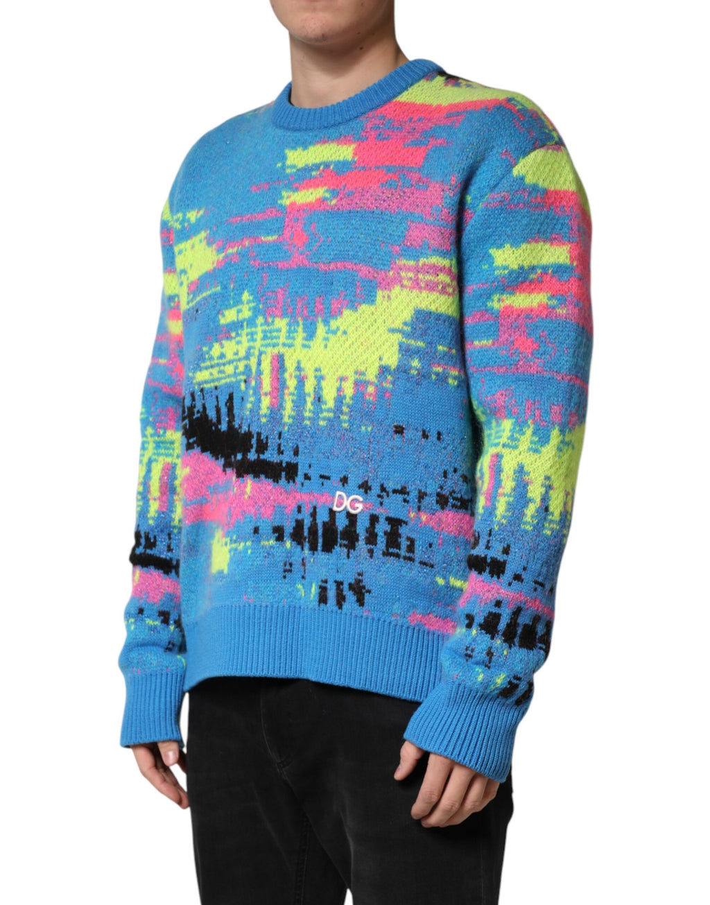 Pull-over homme Dolce & Gabbana multicolore avec col rond, motif à rayures et détails colorés, en laine fine.