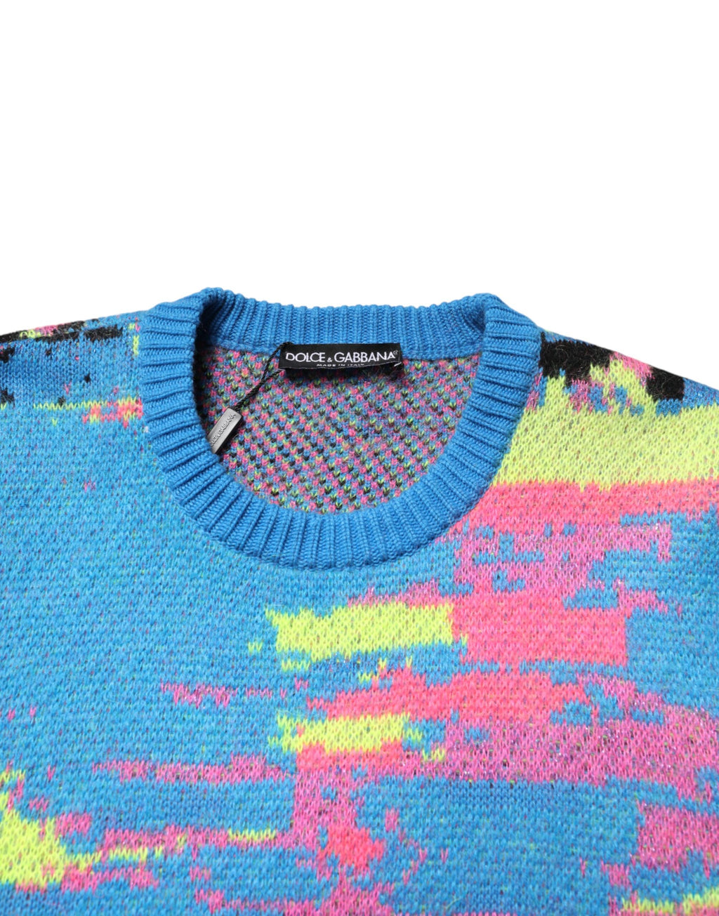 Pull homme Dolce & Gabbana à col rond multicolore, pull-over en maille avec motifs colorés et détails élégants.