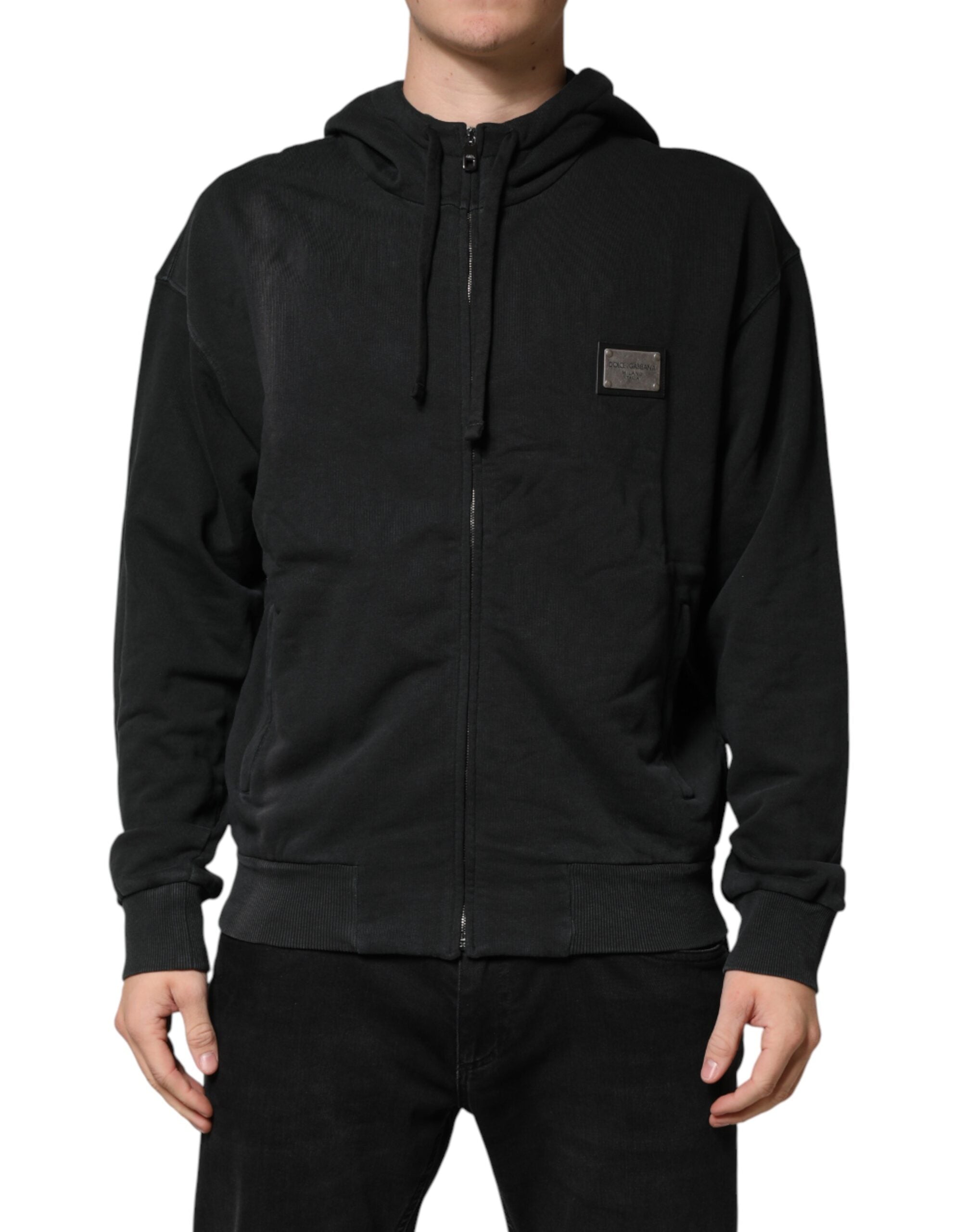 Sweat à capuche noir Dolce & Gabbana pour homme avec fermeture éclair pleine, style décontracté et confortable.