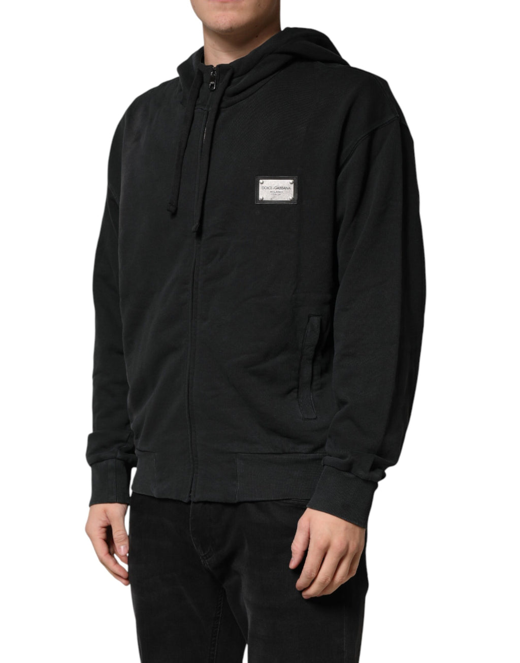 Sweat à capuche noir Dolce & Gabbana pour hommes avec fermeture éclair complète, style décontracté et tissu confortable.