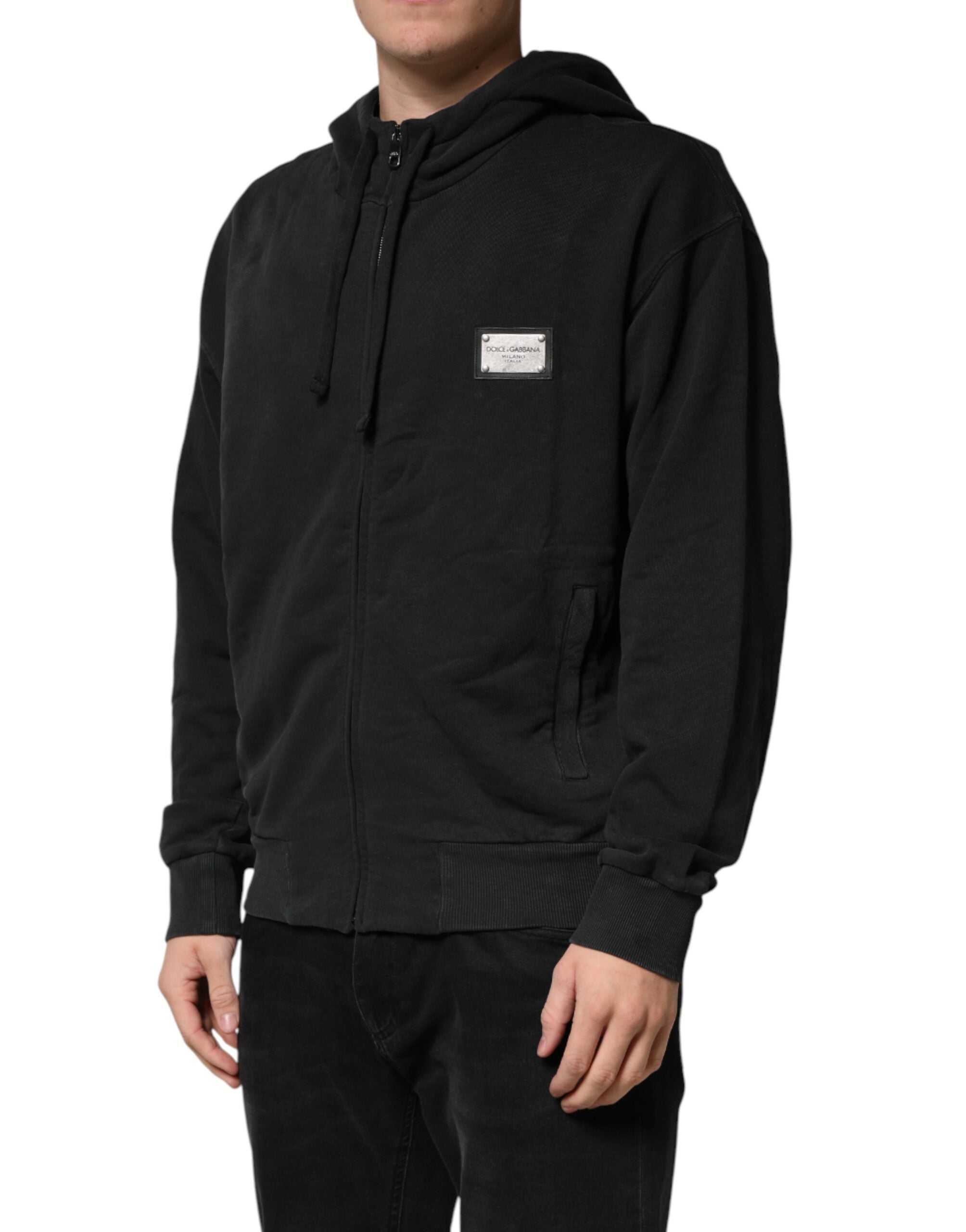 Sweat à capuche noir Dolce & Gabbana pour hommes avec fermeture éclair complète, style décontracté et tissu confortable.