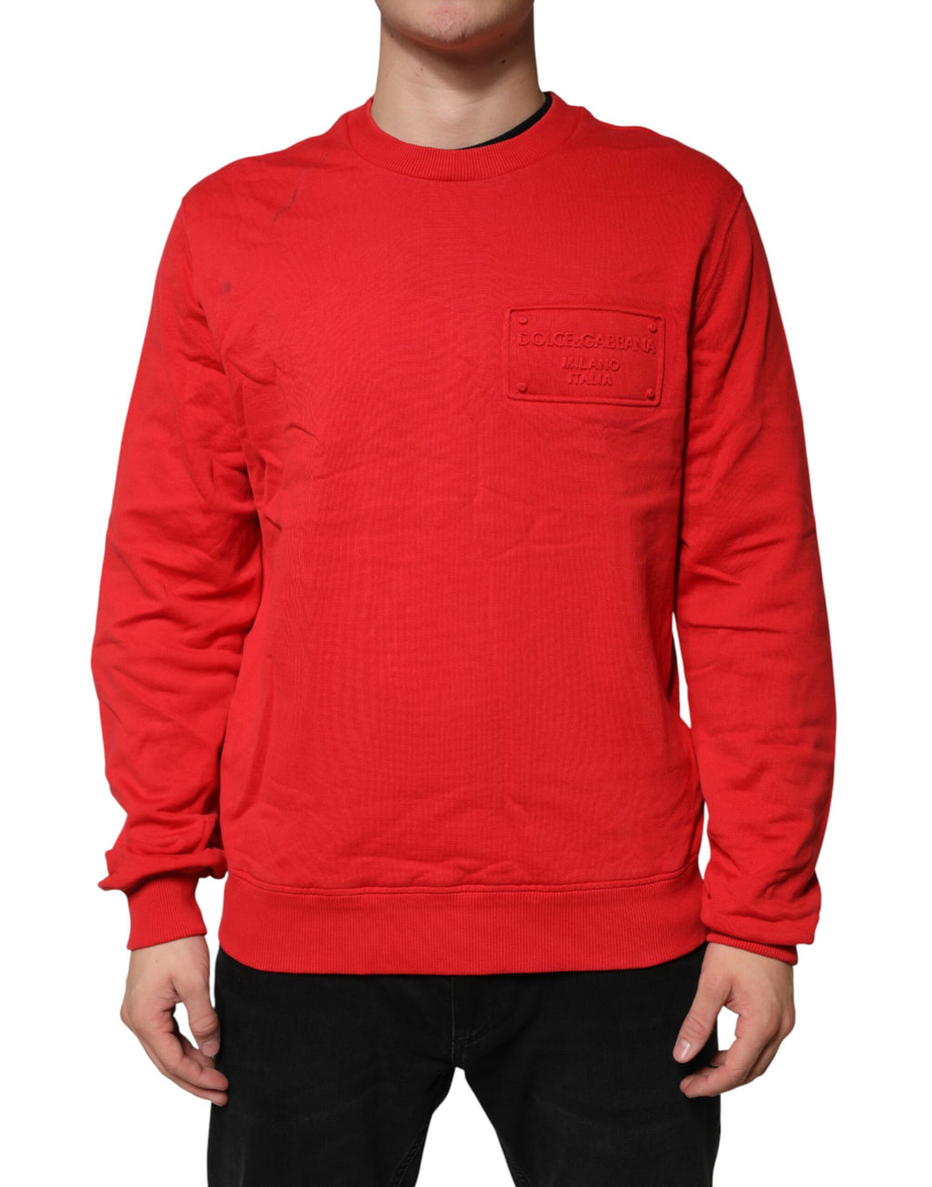 Sweat-shirt rouge en coton Dolce & Gabbana à col rond avec logo visible, style décontracté et confortable.