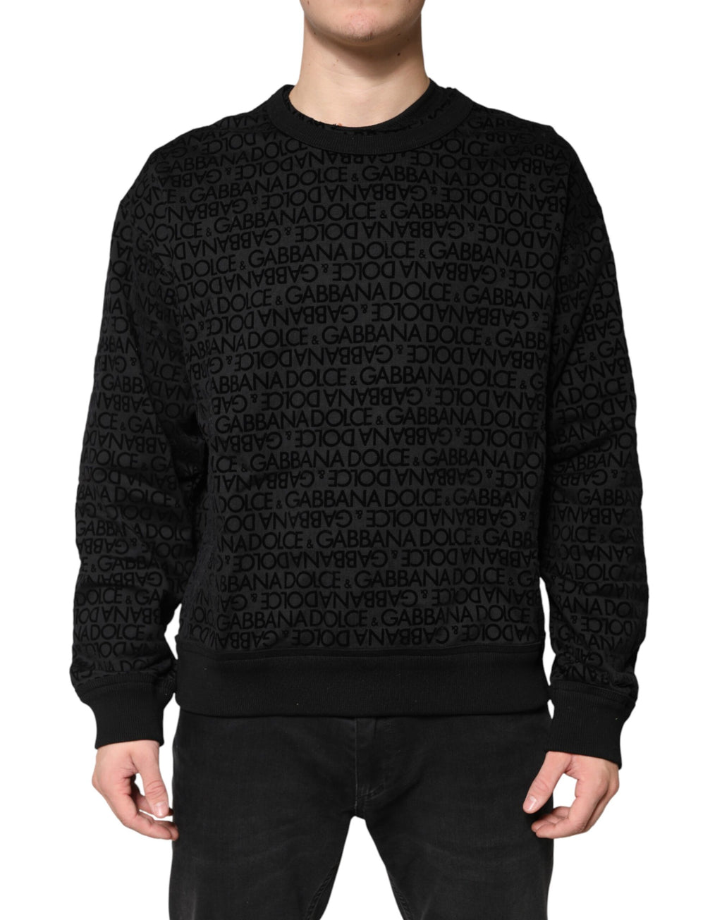 Sweatshirt noir Dolce & Gabbana à monogramme, col rond, pull décontracté en coton avec logo distinctif.