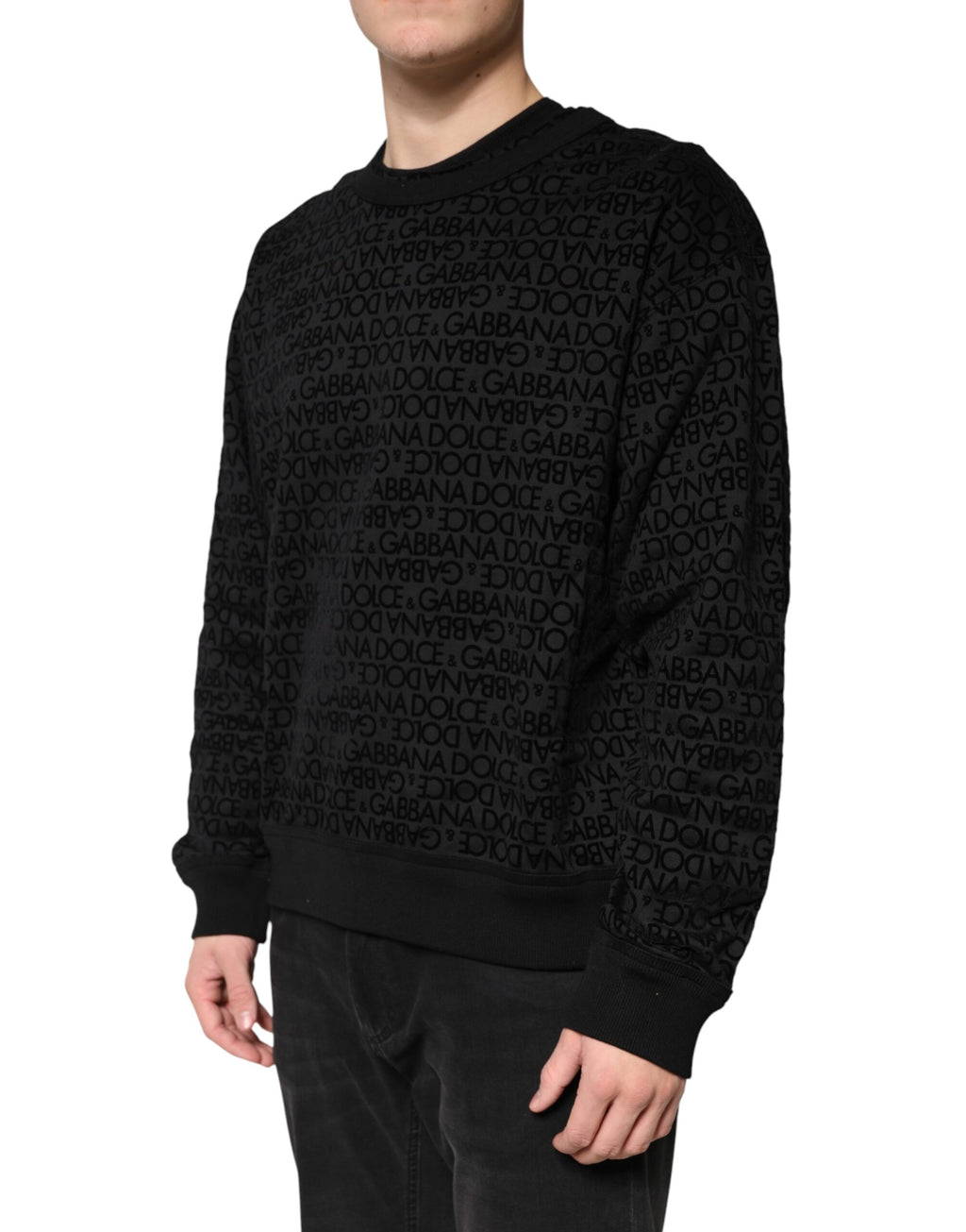 Sweat-shirt à col rond noir Dolce & Gabbana avec monogramme, pull décontracté en coton.