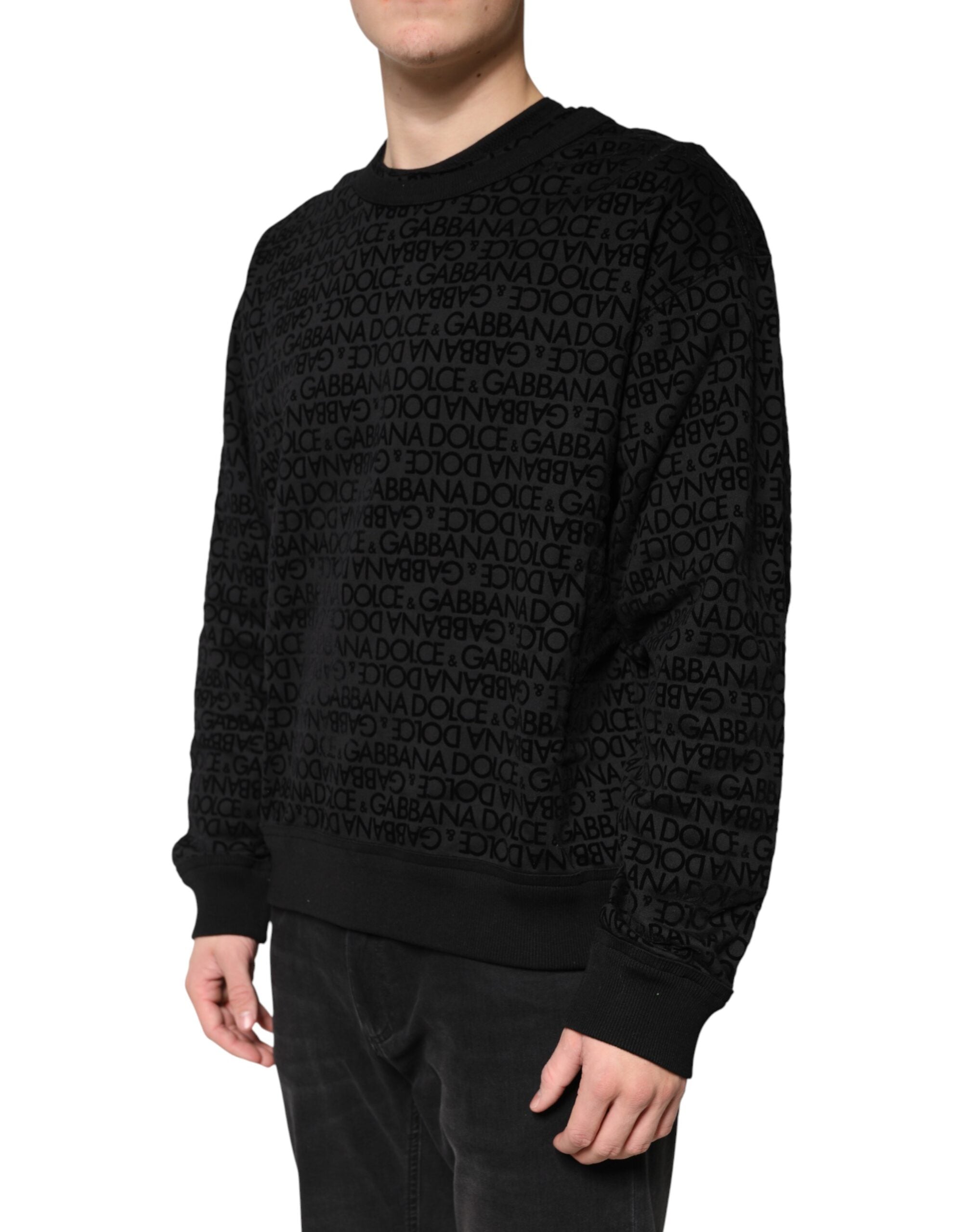Sweat-shirt à col rond noir Dolce & Gabbana avec monogramme, pull décontracté en coton.