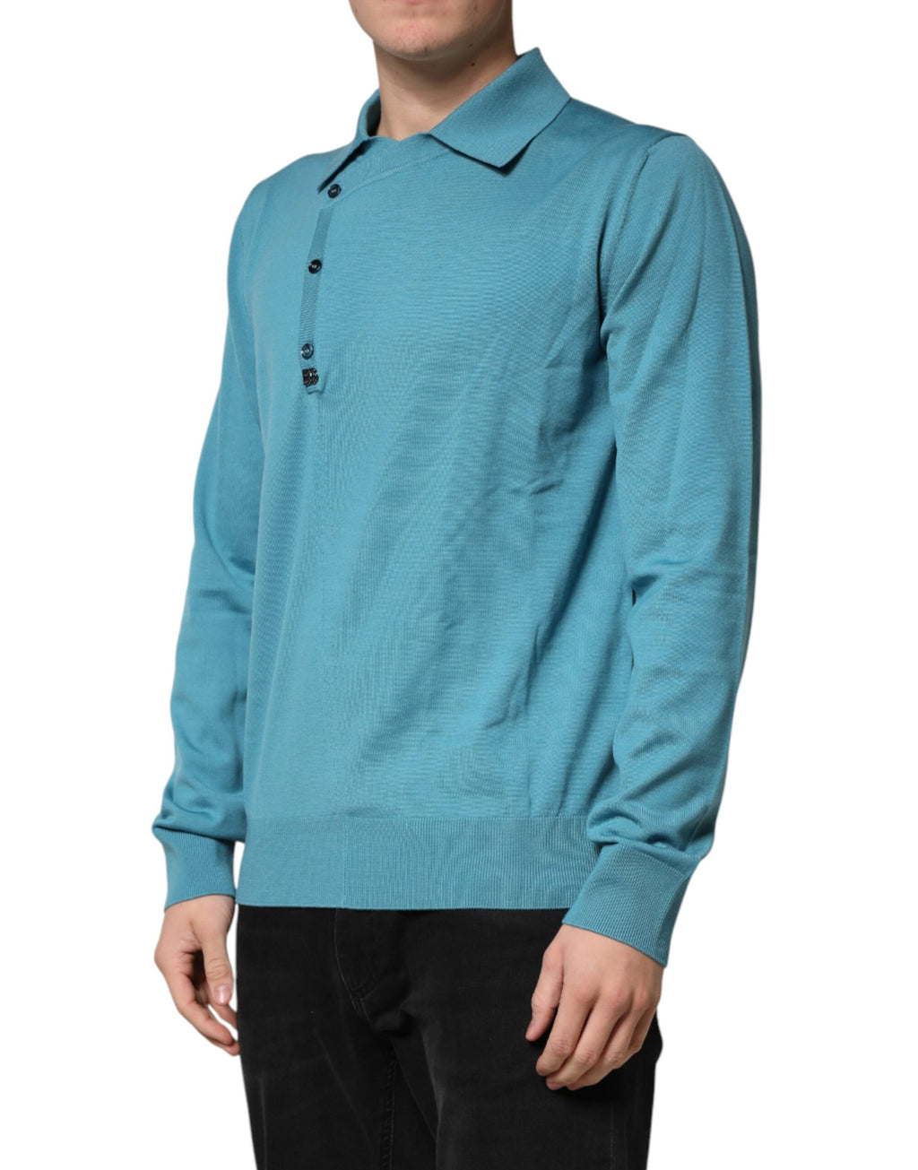 Pull-over polo en laine teal Dolce & Gabbana avec col, style élégant et confortable, visible sur l'image.