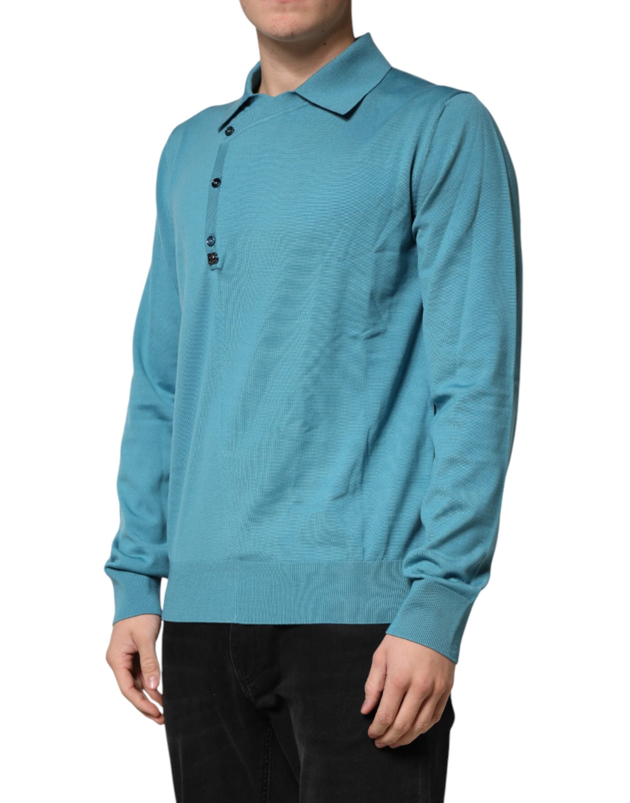 Pull-over polo en laine teal Dolce & Gabbana avec col, style élégant et confortable, visible sur l'image.