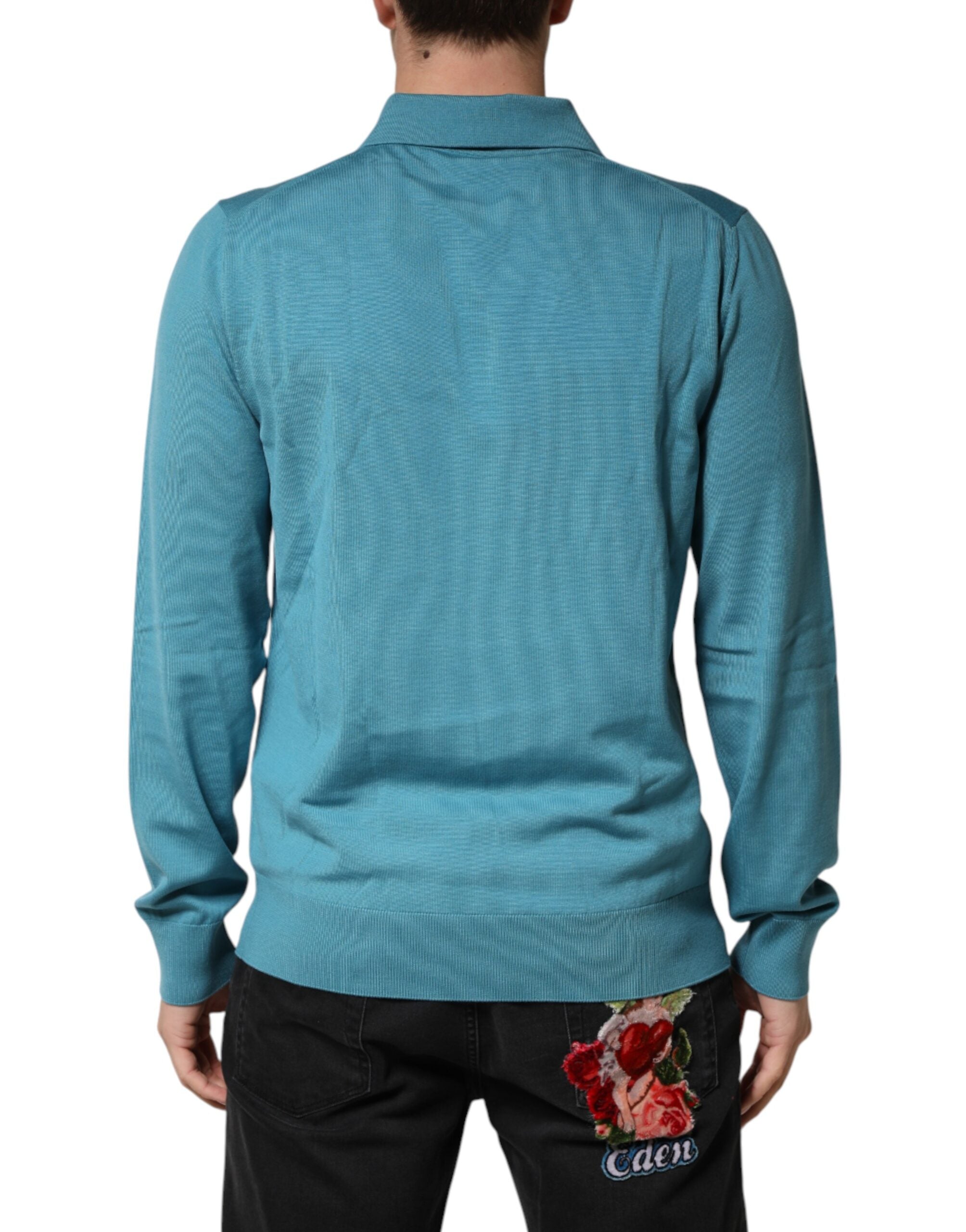 Pull en laine bleu vert Dolce & Gabbana avec col, vue en gros plan.
