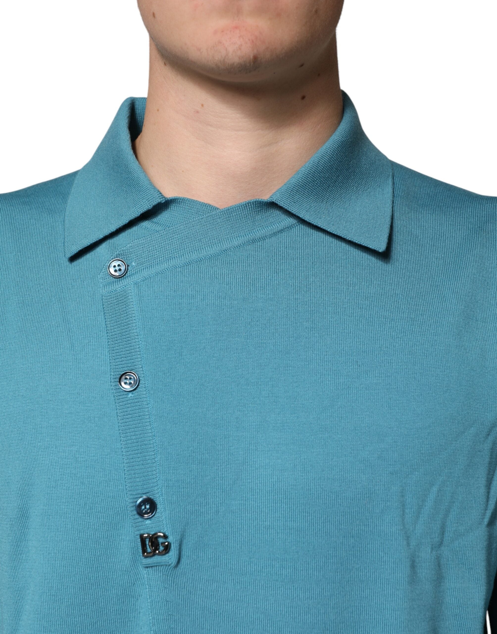 Pull en laine teal à col polo Dolce & Gabbana, sweater élégant avec détails soignés et coupe classique.