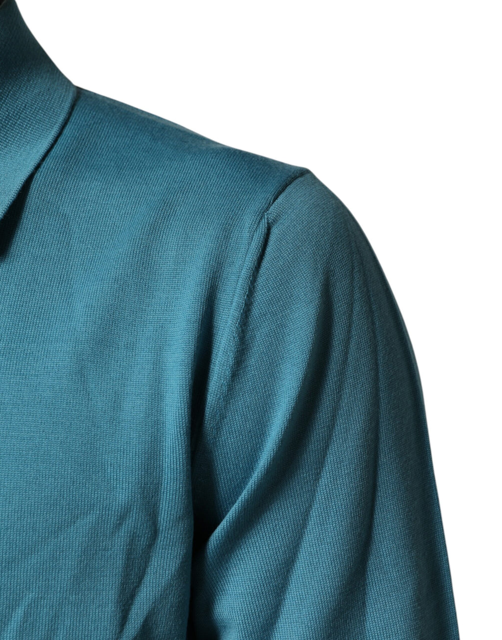 Pull en laine vert sarcelle Dolce & Gabbana avec col, vue de face, détails du tissu et finition élégante.