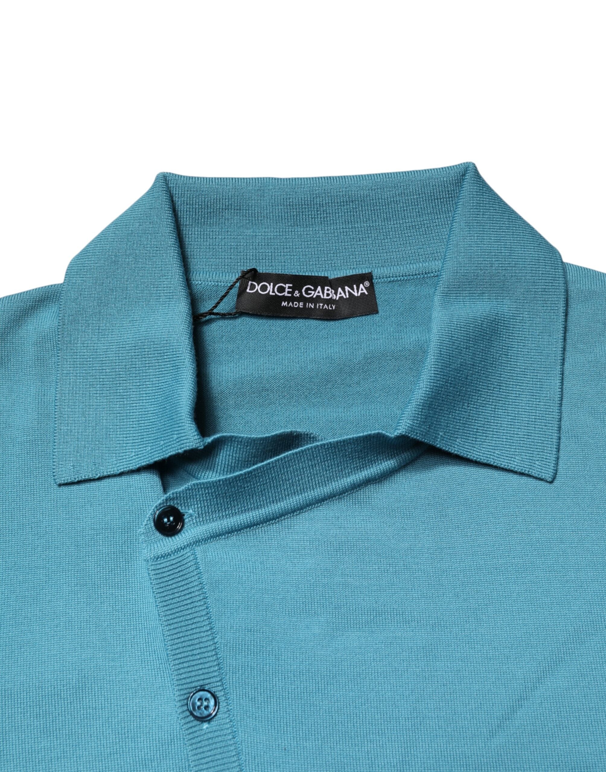 Pull en laine teal à col polo de Dolce & Gabbana, sweater élégant avec détails raffinés visible sur l'image.