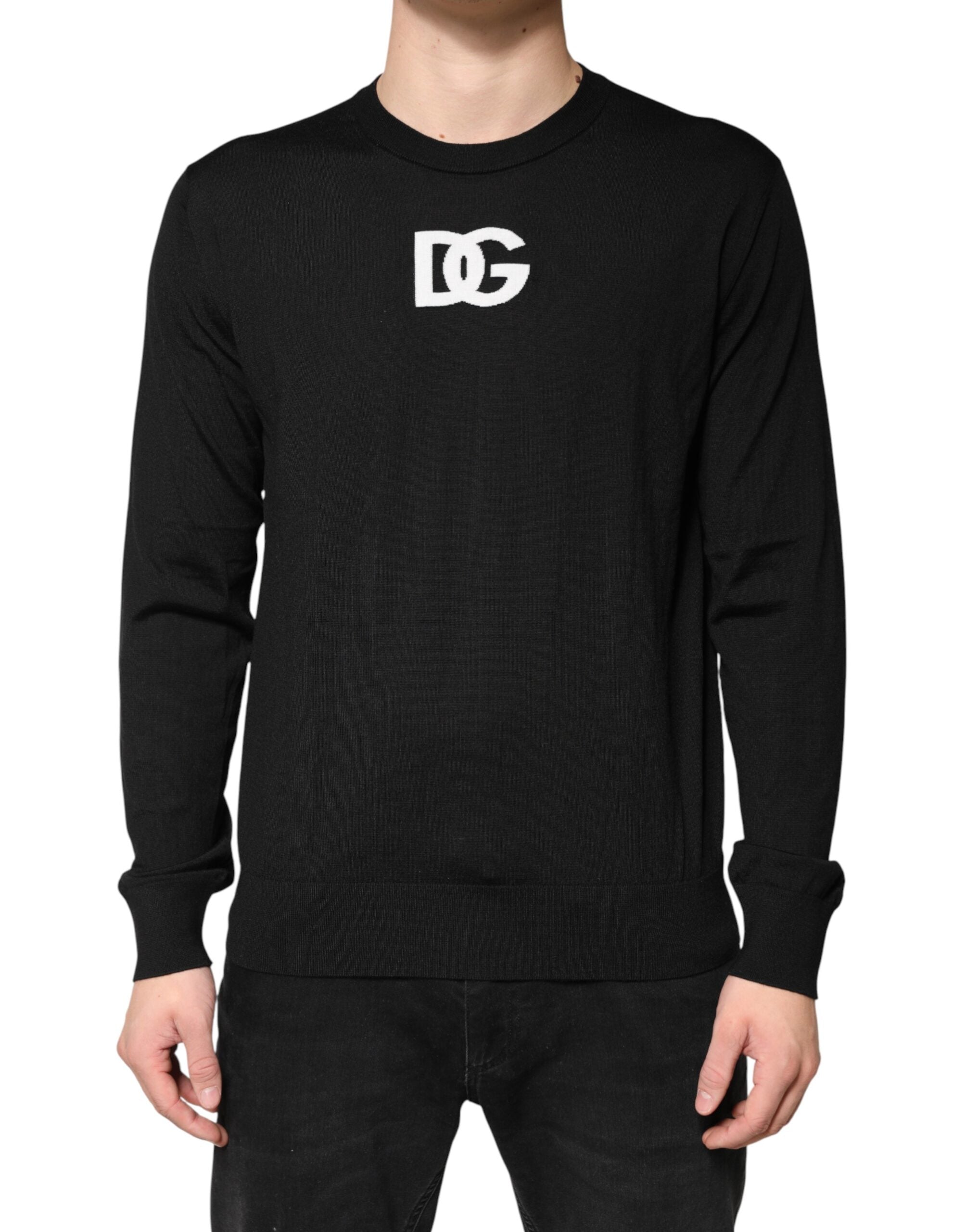 Pull-over homme en laine noire Dolce & Gabbana avec col rond, style classique et élégance sophistiquée.