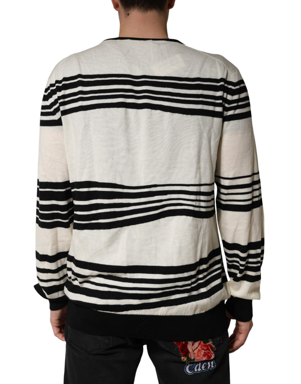 Pull à col rond Dolce & Gabbana à rayures noires et blanches, sweat-shirt confortable et élégant pour homme.