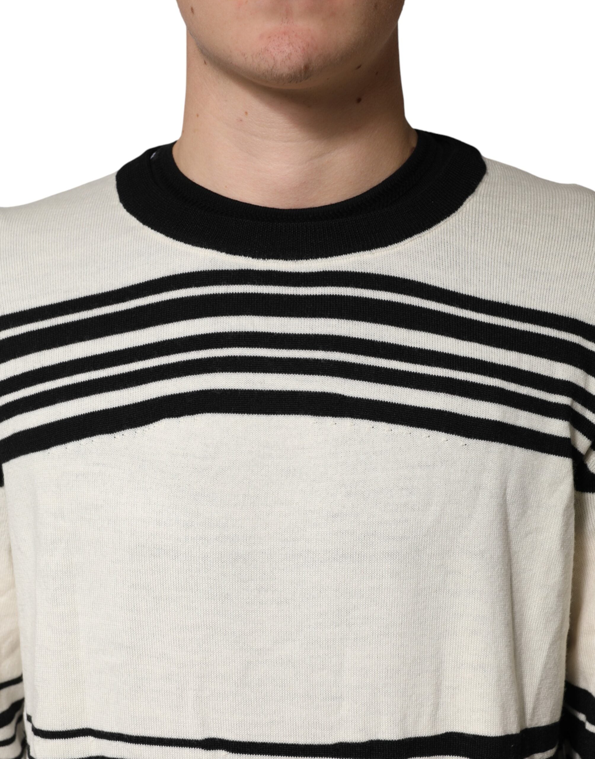 Pull noir et blanc à rayures Dolce & Gabbana, pull-over à col ras du cou avec motif rayé pour homme.