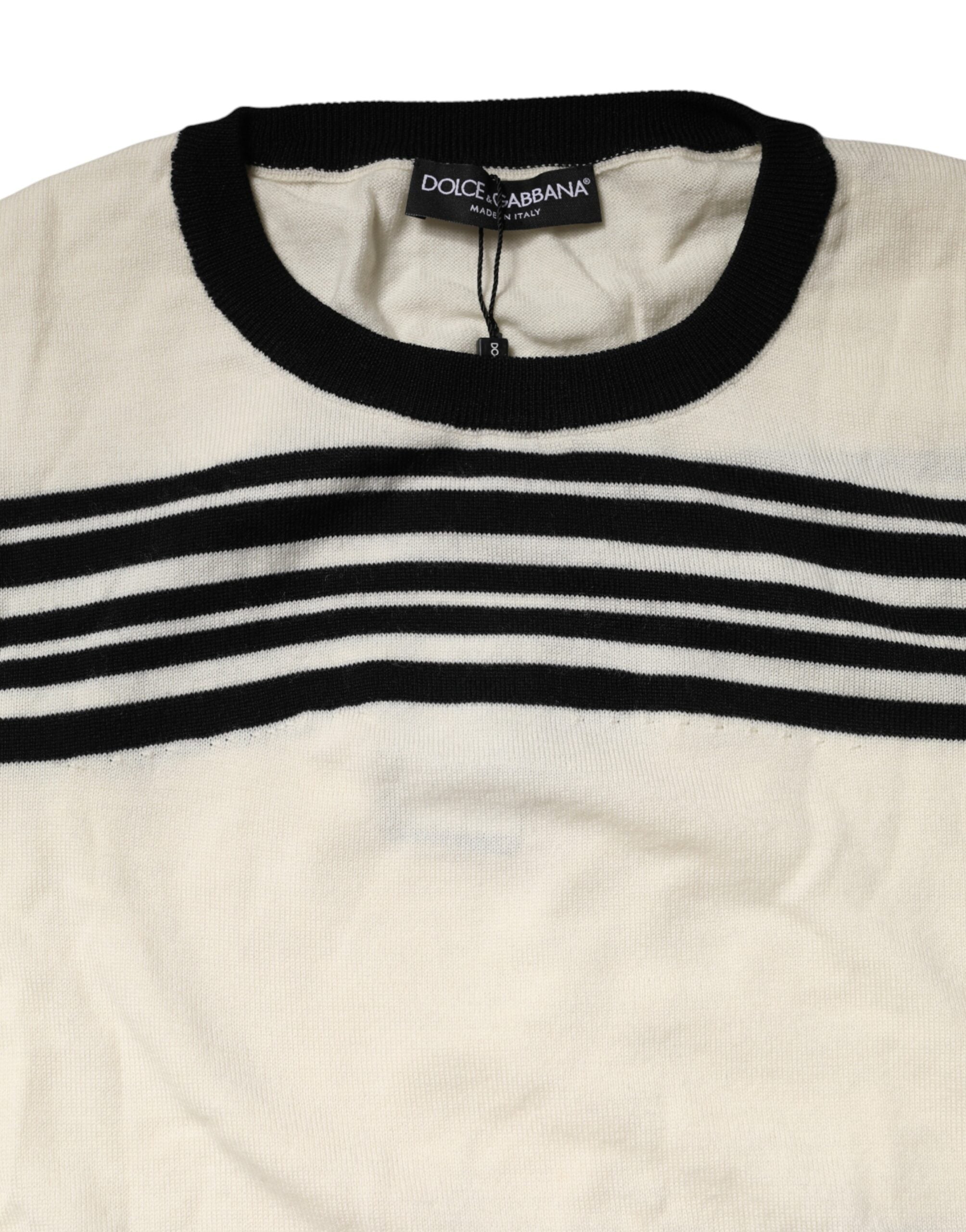 Pull noir et blanc à rayures Dolce & Gabbana, pull-over col rond en maille pour homme.