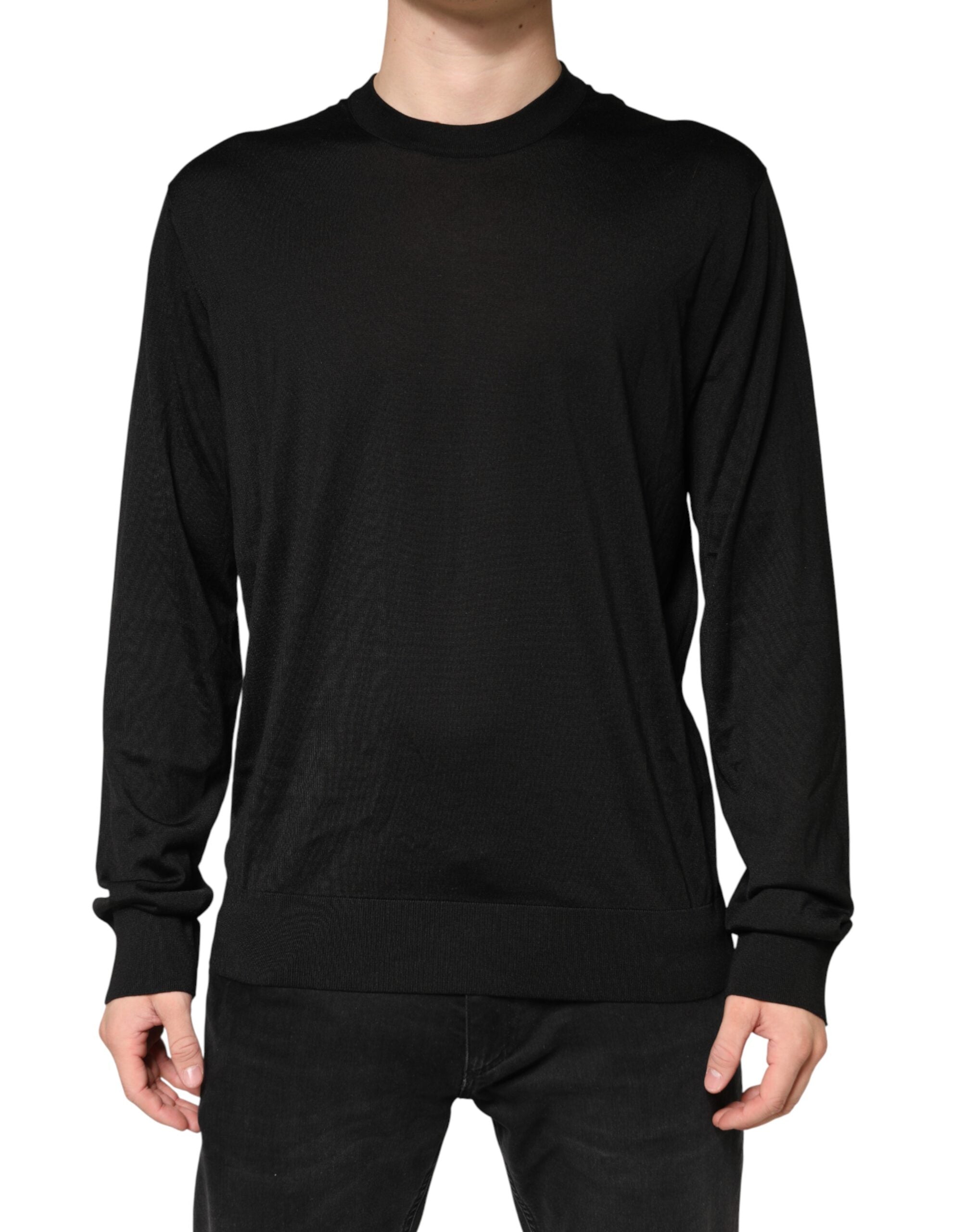 Pull noir en soie pour homme de Dolce & Gabbana, pull à col rond élégant avec finition soignée.