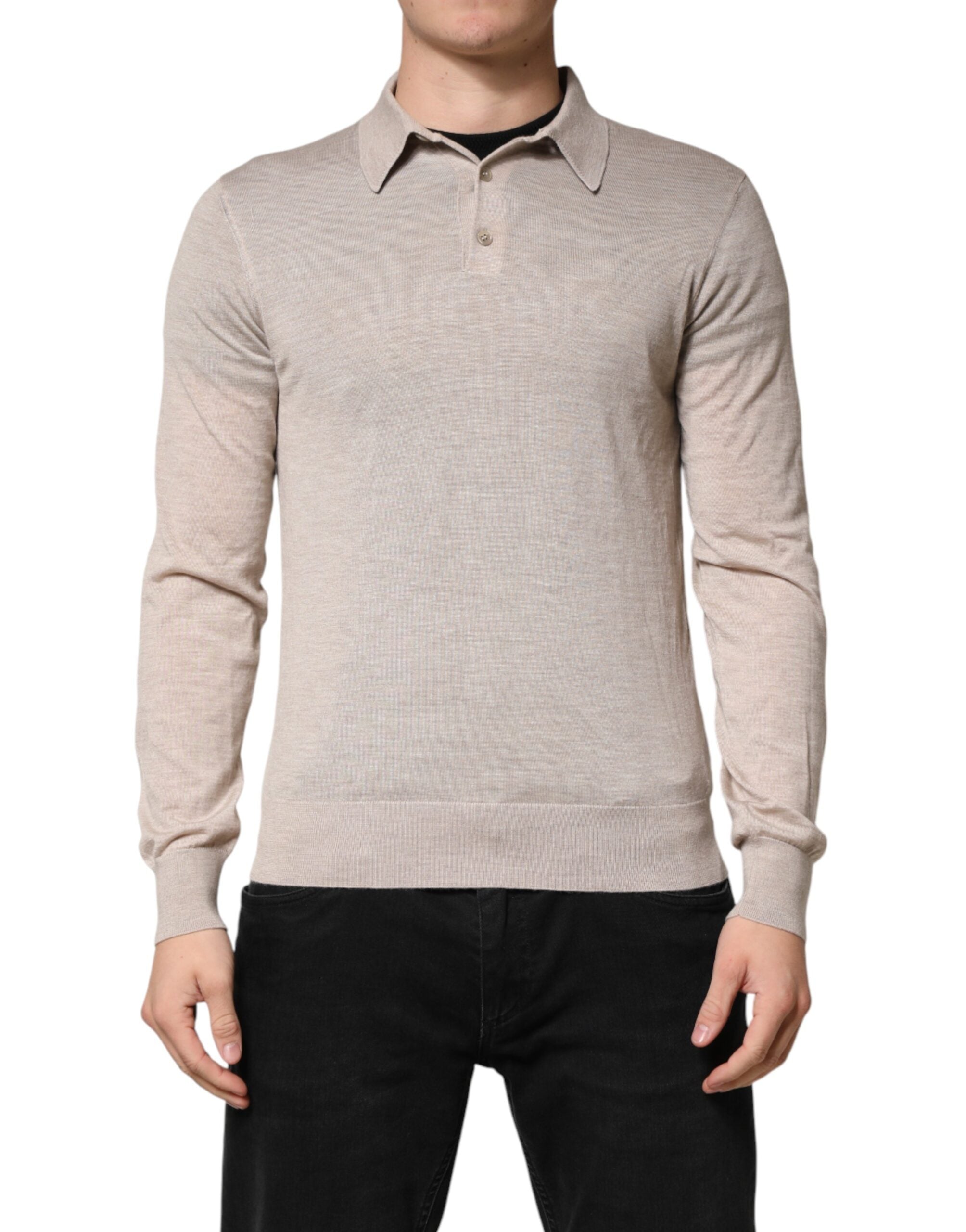 Pull-over en cachemire beige avec col à boutonnière de Dolce & Gabbana, sweater élégant pour homme.