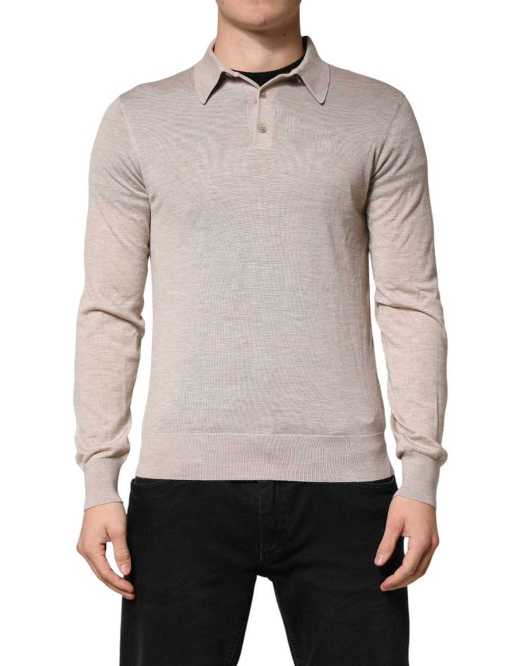 Pull à col en cachemire beige Dolce & Gabbana, vue de face, détails du col et texture douce du tissu.