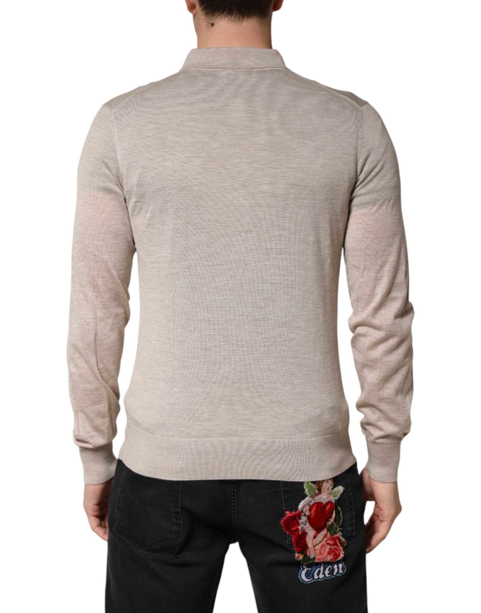 Pull en cachemire beige à col polo de Dolce & Gabbana, pull-over élégant en laine douce et confortable.