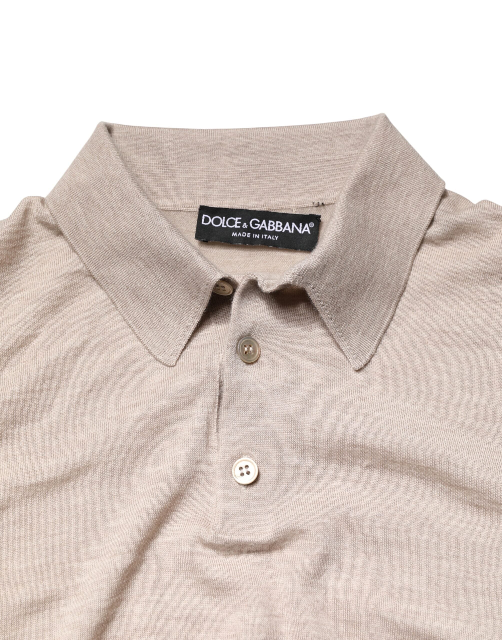 Pull-over en cachemire beige à col chemise de Dolce & Gabbana, pull élégant pour homme ou femme.