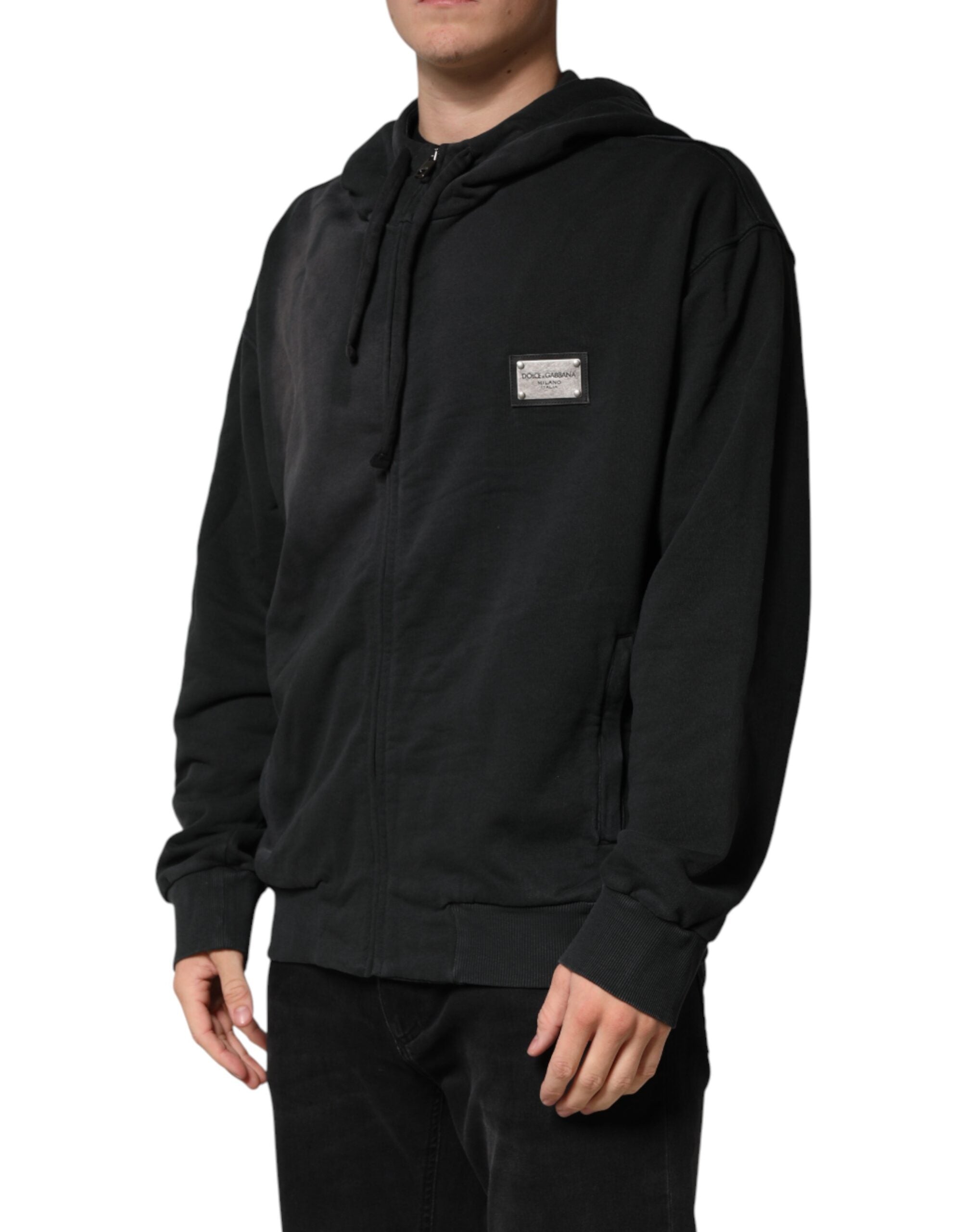 Sweat à capuche zippé noir Dolce & Gabbana avec logo, pull décontracté en coton, visible avec fermeture éclair et logo sur la poitrine.