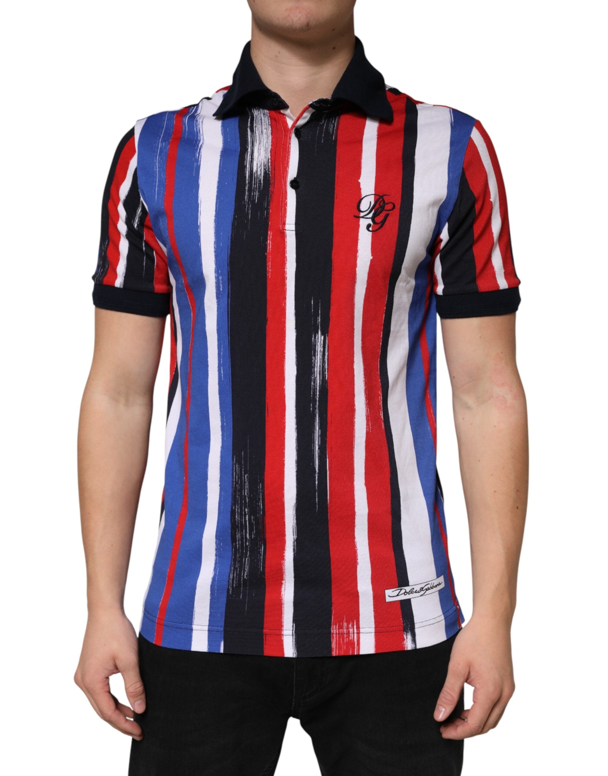 Polo pour homme Dolce & Gabbana en coton à rayures multicolores, manches courtes et col classique.