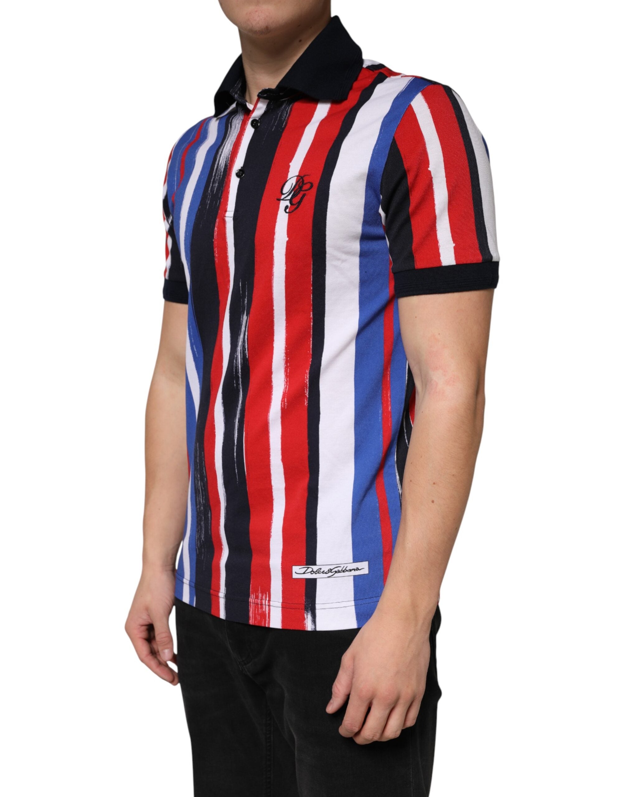 Polo pour homme Dolce & Gabbana à rayures multicolores en coton, style élégant et décontracté.