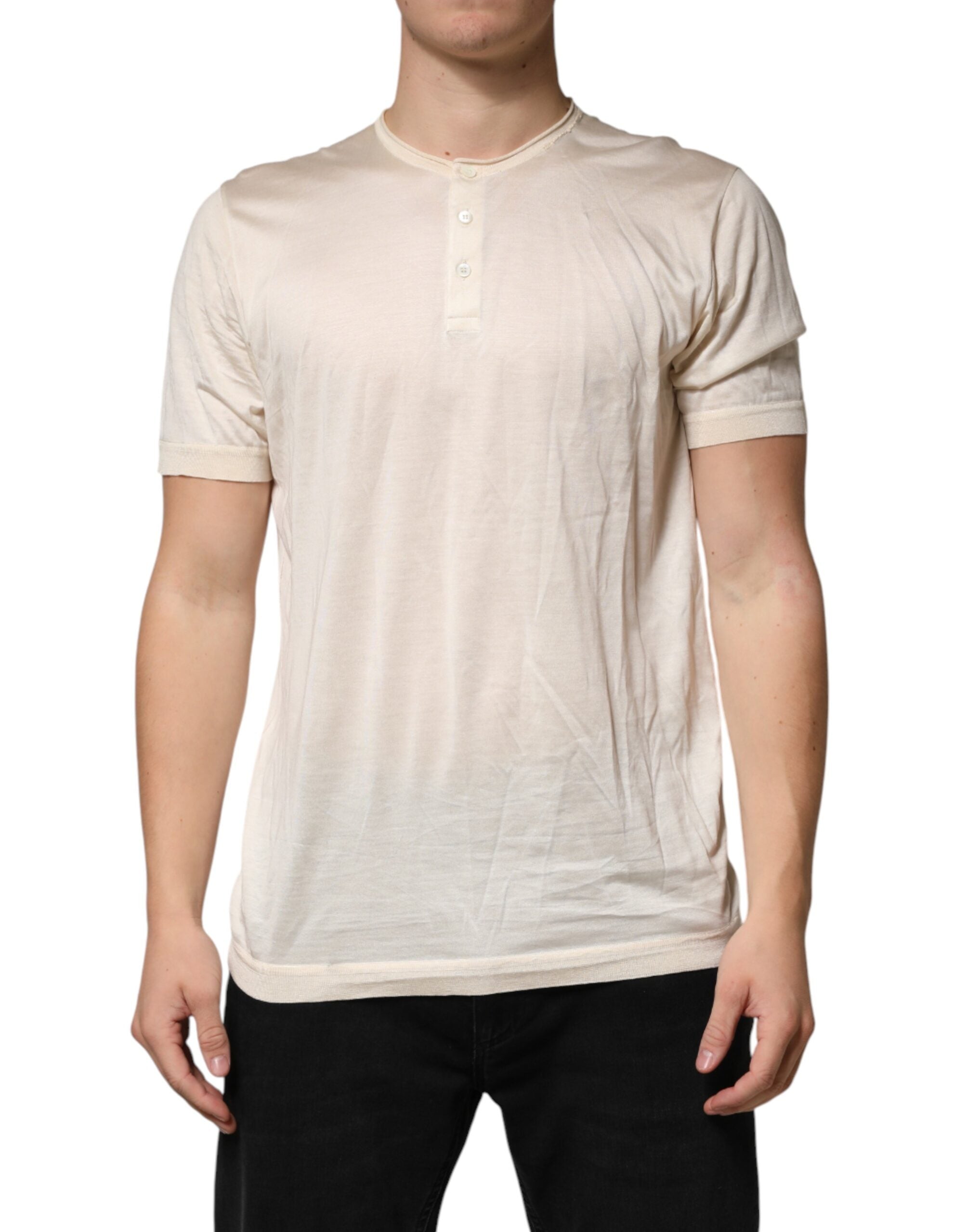T-shirt homme Dolce & Gabbana en coton mélangé blanc cassé avec col henley, style décontracté et élégant.