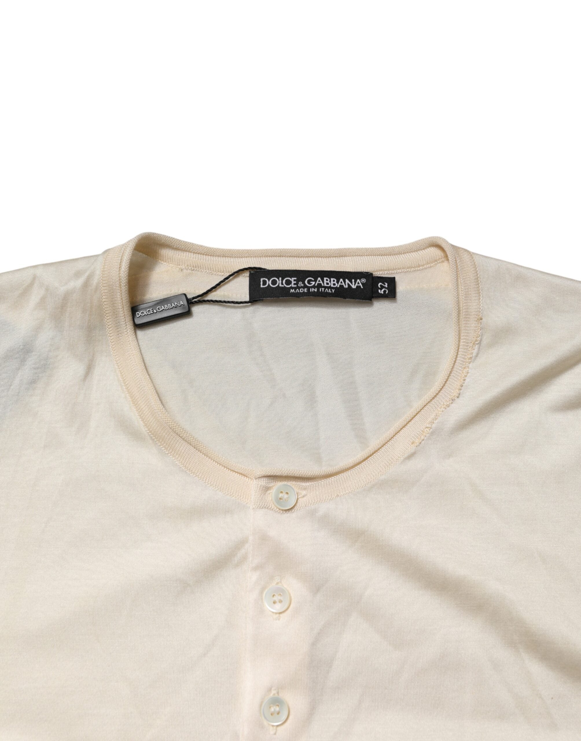 T-shirt homme Dolce & Gabbana en coton mélangé blanc, style henley avec col boutonné et manches longues.