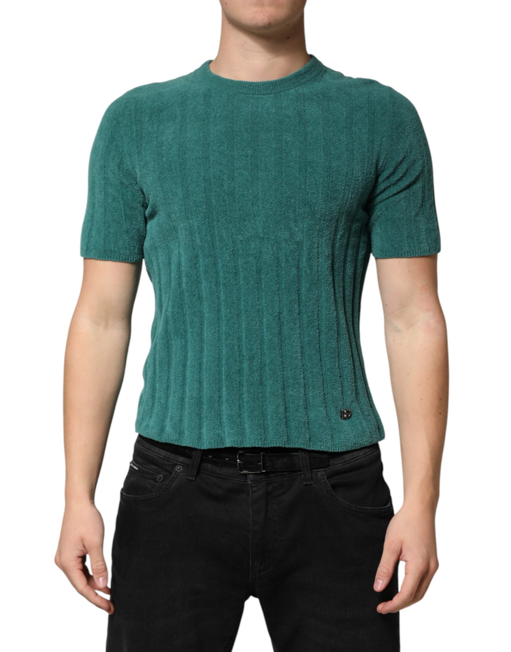 T-shirt homme Dolce & Gabbana en coton mélangé vert foncé, col rond, style décontracté, visible sur le mannequin.