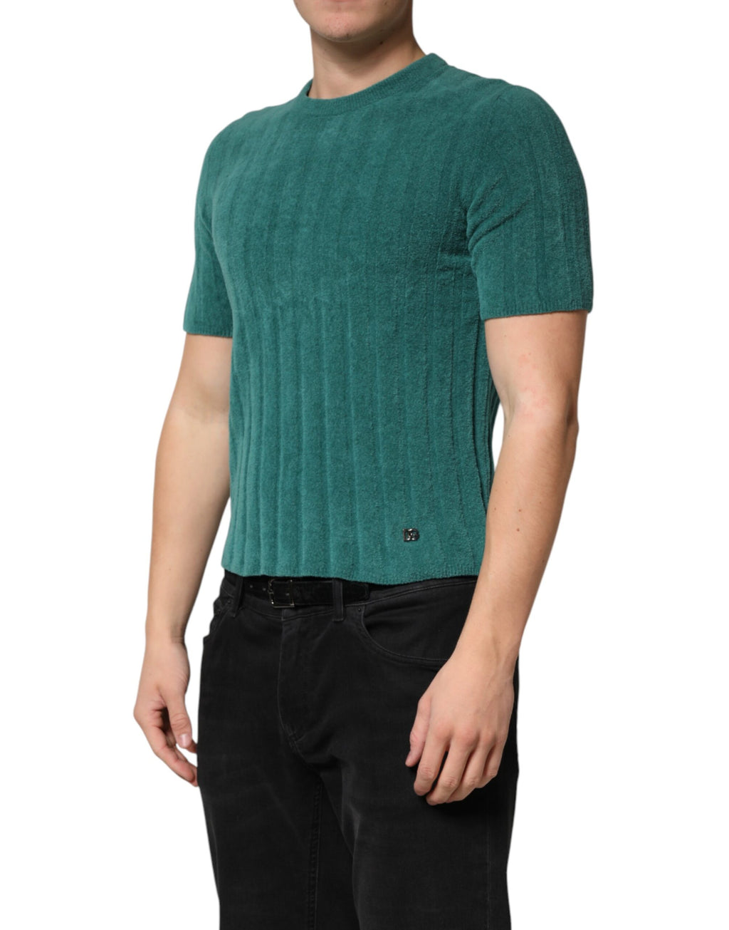 T-shirt homme en coton mélangé vert foncé de Dolce & Gabbana avec col rond, vue de face.