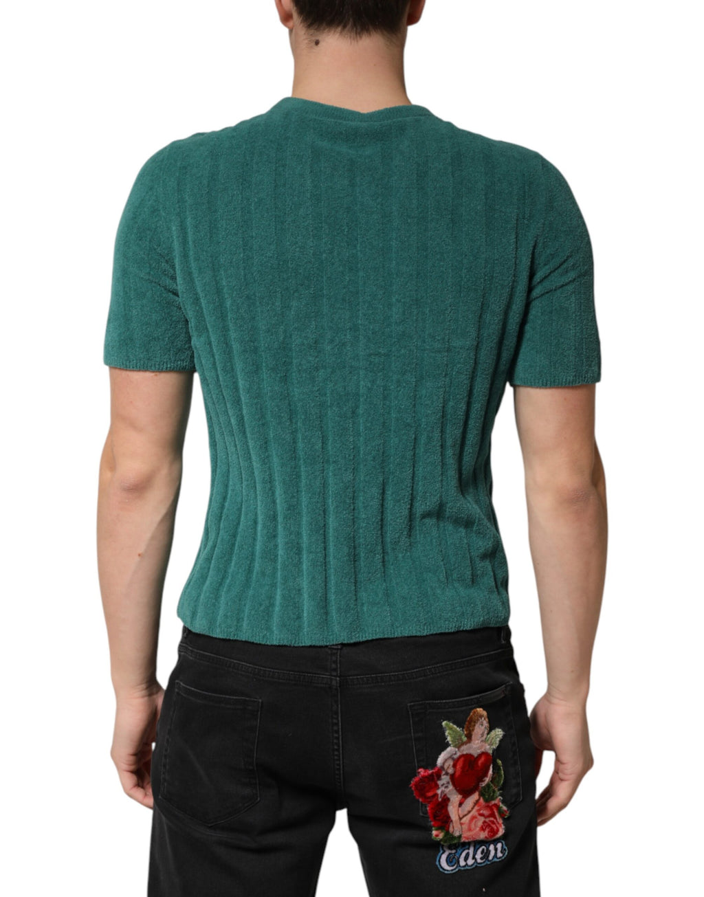 T-shirt homme en coton mélangé vert foncé de Dolce & Gabbana avec col ras du cou, vue frontale.