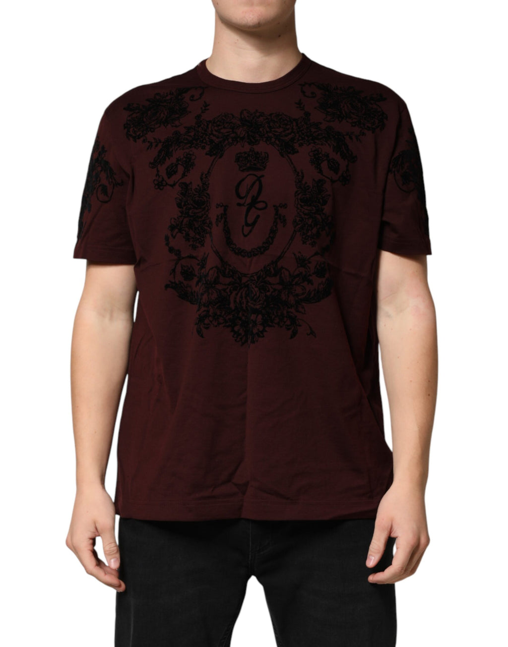 T-shirt homme Dolce & Gabbana rouge bourgogne avec motif floral DG Crown sur le col rond