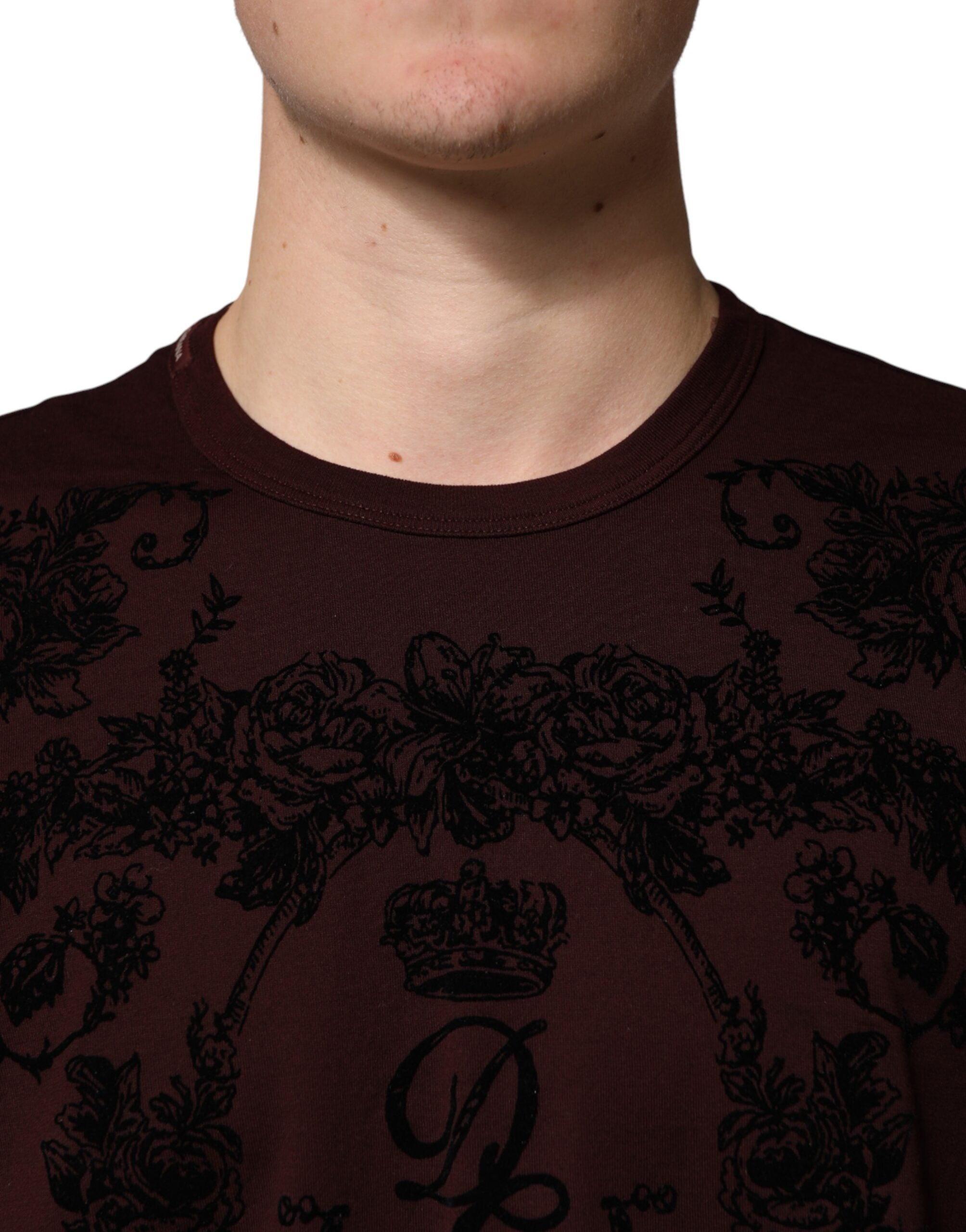 T-shirt homme Dolce & Gabbana Maroon DG Crown Floral à col ras du cou avec motif floral rouge foncé