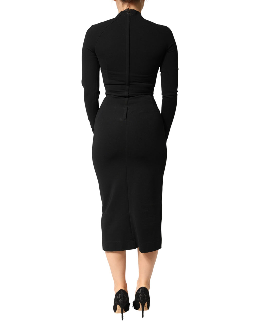 Robe midi noire en viscose de style bodycon, marque Dolce & Gabbana, ajustée et élégante, visible en détail dans l'image.