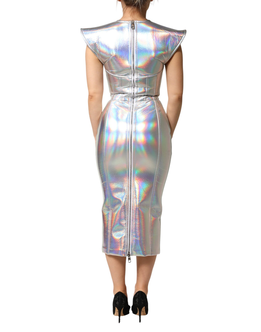 Robe dorée en satin iridescent Dolce & Gabbana, robe midi moulante élégante pour femme.