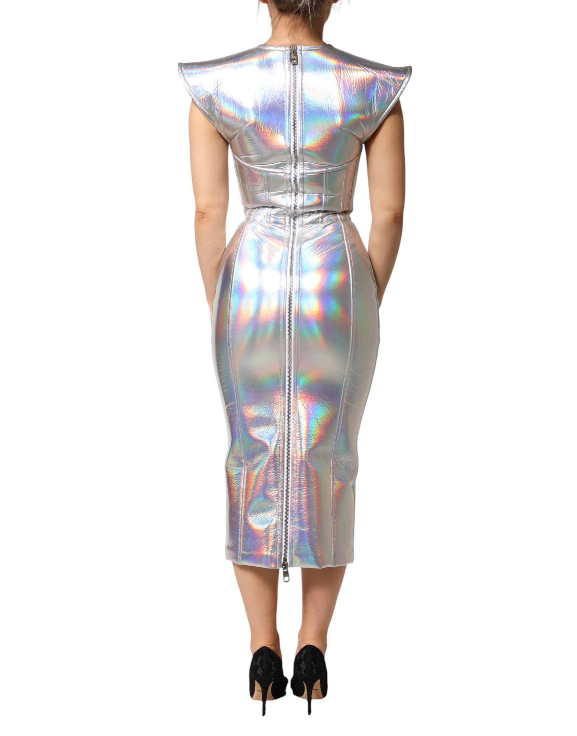 Robe dorée en satin iridescent Dolce & Gabbana, robe midi moulante élégante pour femme.