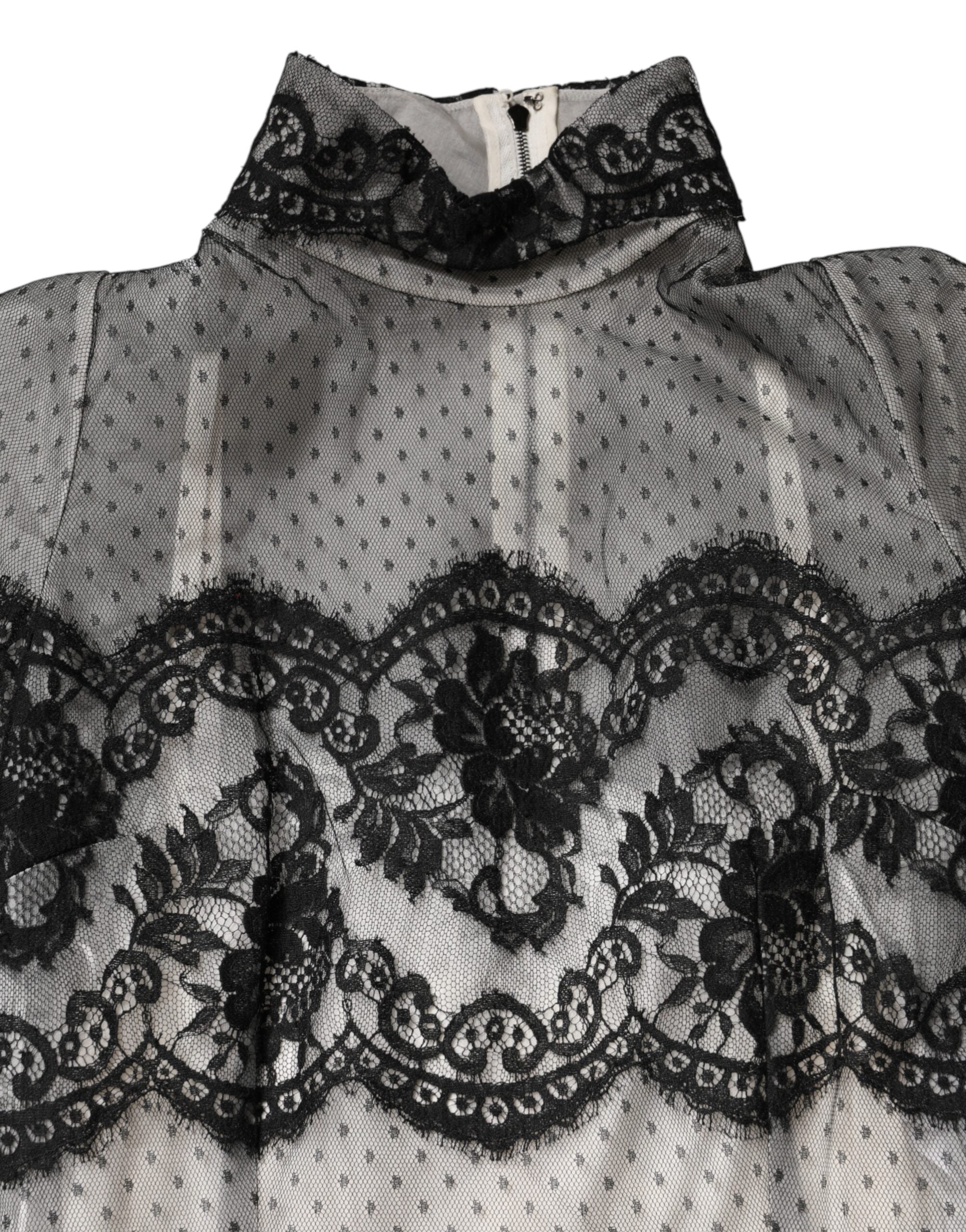 Robe longue Dolce & Gabbana en dentelle noire et blanche, mélange de soie, coupe ajustée maxi.