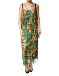 Robe longue maxi Dolce & Gabbana à imprimé tropical multicolore avec franges, style élégant et estival.